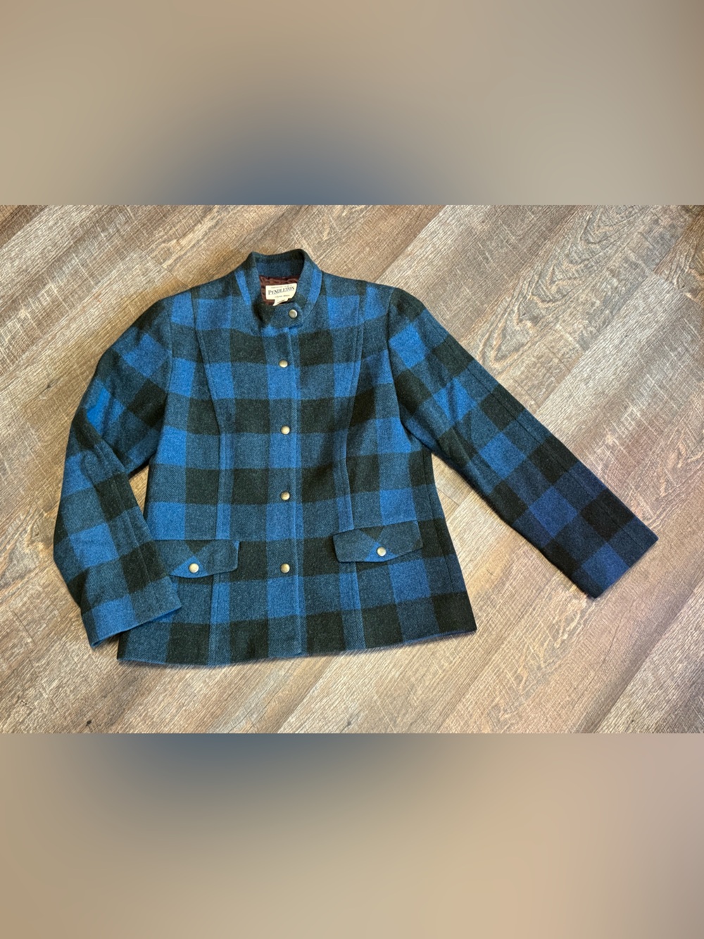 Vintage Pendleton Blue/Black Buffalo Plaid Wool Snap Closure Jacket Sz S